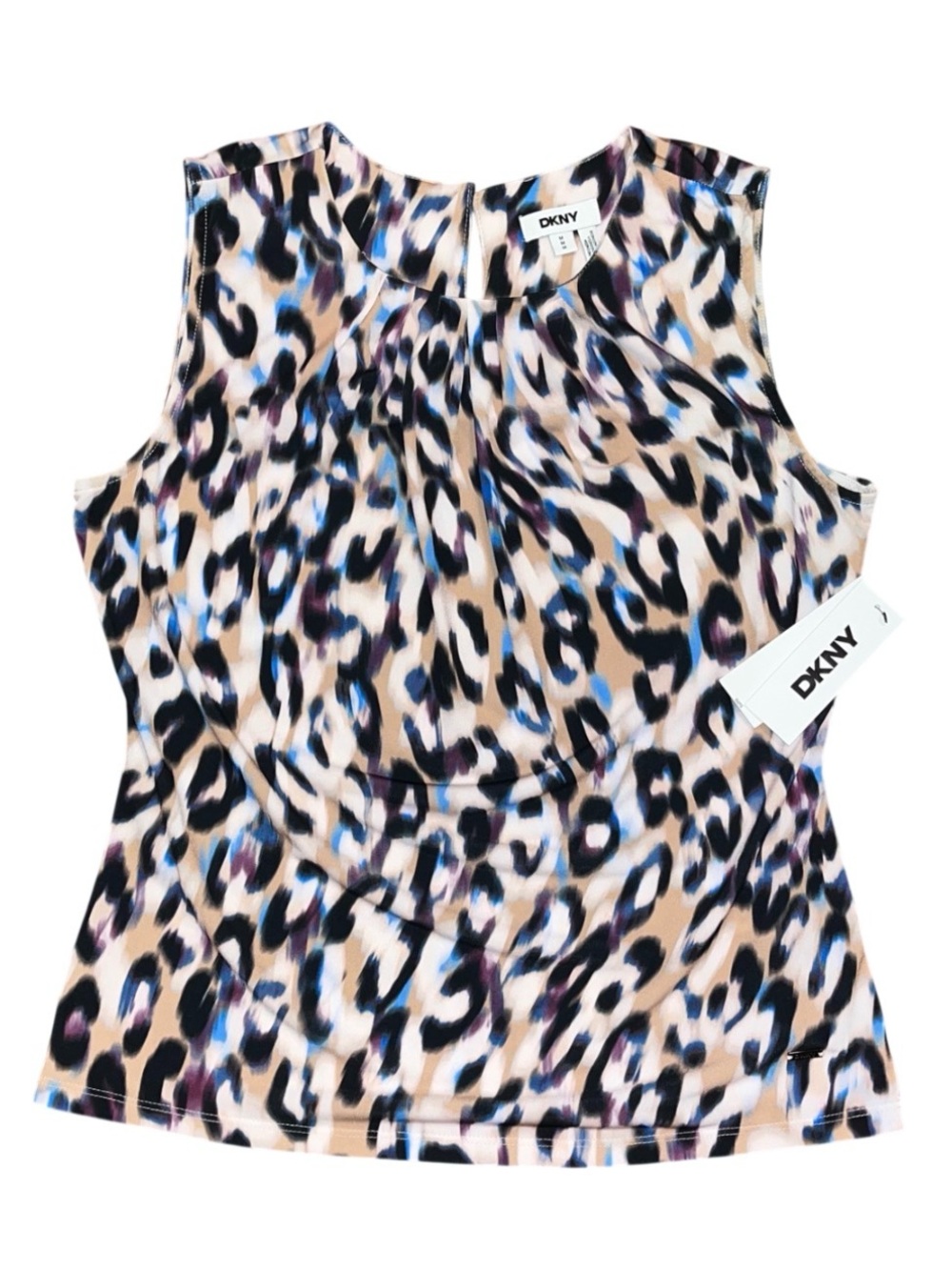 DKNY Tab Black Blue Animal Print Sleeveless Tank Dressy Blouse NWT Ladies Medium